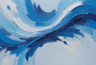 The primary subject of the image is a painting of a blue wave. The setting is a white background, and the visual style appears to be a digital art or illustration. The dominant colors in the painting are blue and white, creating a serene and calming atmosphere.