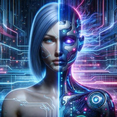 The primary subject of the image is a futuristic robot with a human-like face. The robot is depicted in two different colors, one being blue and the other being white. The setting is a futuristic environment with a backdrop of a cityscape. The visual style of the image is digital art, illustration, or a combination of both. The dominant colors in the image are blue and white, creating a sense of futuristic technology and advanced design.