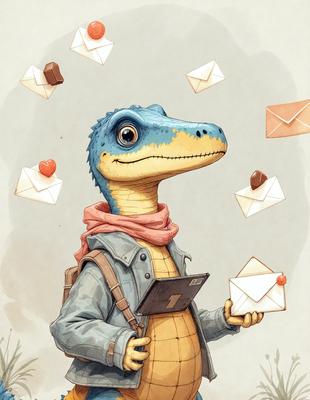 The primary subject of the image is a cartoon alligator holding a tablet computer. The setting is a grassy area, and the visual style is a combination of digital art and illustration. The colors are predominantly green and blue, giving the scene a lively and playful atmosphere.
