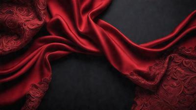 The primary subject of the image is a red fabric, possibly a piece of lace or a curtain, that is draped over a dark background. The setting appears to be a room with a black surface, which contrasts with the red fabric. The visual style of the image is a close-up of the red fabric, showcasing its texture and details. The colors and mood of the image are predominantly dark and moody, with the red fabric serving as a striking focal point against the black background.