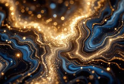 The primary subject of the image is a close-up of a blue and gold pattern, which appears to be a digital art or illustration. The setting is a dark background, and the visual style is a mix of digital art and photography. The dominant colors in the image are blue and gold, creating a vibrant and luminous atmosphere.