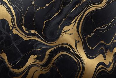 The primary subject of the image is a marble countertop with a gold and black pattern. The setting is a kitchen, and the visual style is a close-up of the marble countertop. The colors and mood of the image are predominantly gold and black, creating a luxurious and elegant atmosphere.