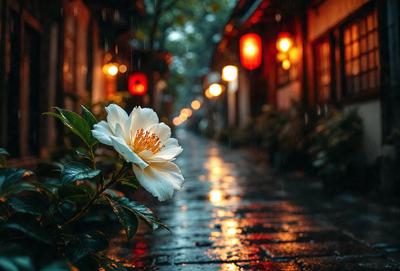 Primary subject: A white flower with yellow petals.

Setting/background: A wet street with a sidewalk.

Visual style: A photo of a flower on a wet street.

Colors and mood: The dominant colors are white and yellow, with a slightly moody atmosphere due to the wet street.