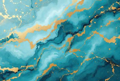 The primary subject of the image is a painting featuring a blue and gold color scheme. The setting is a blue and gold background, which complements the artwork. The visual style is a painting, showcasing the artist's skill in creating a vibrant and eye-catching piece. The colors and mood of the painting are lively and energetic, with the blue and gold hues creating a sense of depth and richness.