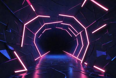 The primary subject of the image is a tunnel with a blue and pink lighting effect. The setting is a dark tunnel, and the visual style appears to be a digital art or illustration. The dominant colors are blue and pink, creating a unique and vibrant atmosphere.