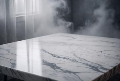 The primary subject of the image is a marble table with a white marble top. The table is surrounded by a hazy, smoky atmosphere, giving it a mysterious and dramatic appearance. The setting appears to be a room with a window, and the visual style is a photo. The colors and mood of the image are predominantly dark and moody, with the hazy smoke creating a sense of depth and intrigue.
