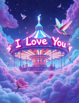 The primary subject of the image is a carousel with a pink and blue color scheme. The carousel is surrounded by a cloudy sky, and there are several birds flying around it. The setting appears to be a whimsical and imaginative environment, possibly a fantasy or a children's story. The visual style of the image is a combination of digital art and illustration, creating a vibrant and lively atmosphere. The dominant colors are pink and blue, which contribute to the overall mood of the scene, making it feel warm, inviting, and playful.