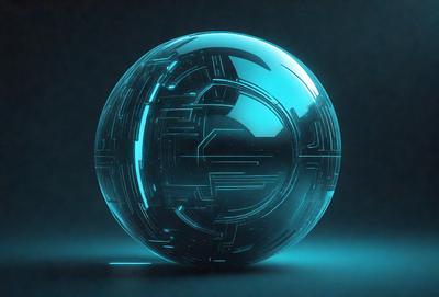 The primary subject of the image is a large, blue, glass-like ball with a complex, intricate design. The ball is placed on a dark surface, which contrasts with the bright blue color of the ball. The visual style of the image is a combination of photo and digital art, creating a unique and captivating appearance. The colors and mood of the image are predominantly dark and moody, with the blue ball standing out as the focal point.