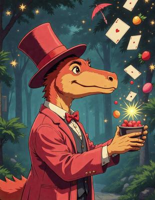 The primary subject of the image is a cartoon dinosaur wearing a top hat and bow tie. The dinosaur is holding a bowl filled with fruit, such as apples and oranges. The setting is a forest, with trees visible in the background. The visual style is a colorful and whimsical illustration, giving the image a playful and fun atmosphere.