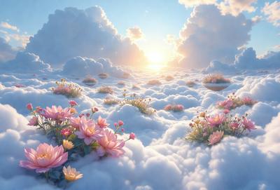 The primary subject of the image is a field of flowers, with a variety of pink and yellow flowers scattered throughout the scene. The setting is a cloudy sky, creating a serene and dreamy atmosphere. The visual style is a digital art, with the flowers and clouds depicted in a vibrant and detailed manner. The colors and mood of the image are predominantly pink and yellow, evoking a sense of warmth and happiness.