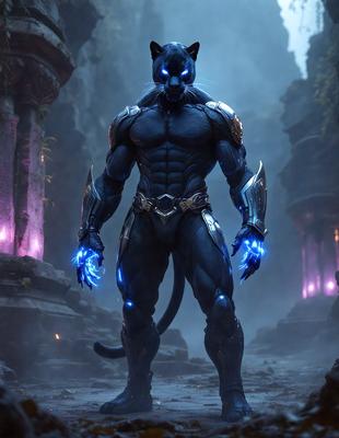The primary subject of the image is a character, possibly a cat or a person with cat-like features, wearing a suit and standing in a dark, possibly futuristic setting. The character appears to be a warrior or a superhero, with a strong and imposing presence. The setting includes a stone wall and a cave-like environment, adding to the overall atmosphere of the image. The visual style of the image is a combination of photo and digital art, creating a unique and intriguing scene. The colors in the image are predominantly dark and moody, with some blue accents, which contribute to the overall mood and tone of the image.