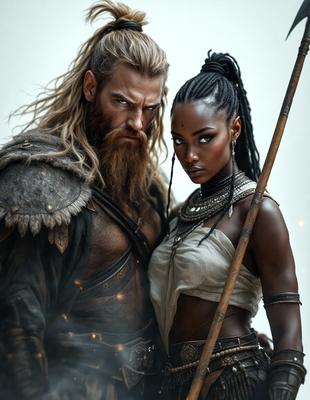 The primary subject of the image is a man and a woman standing together, with the man wearing a beard and a long braid. They are both holding weapons, with the man holding a sword and the woman holding a bow. The setting appears to be a fantasy or mythical world, as the man and woman are dressed in costumes and the woman has a necklace. The visual style of the image is a combination of photo and digital art, creating a unique and captivating scene. The colors and mood of the image are dark and dramatic, with the man and woman standing in front of a dark background.