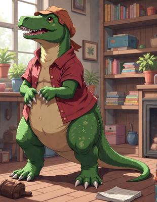 The primary subject of the image is a cartoon-like green dinosaur wearing a red shirt and a bandana. The dinosaur is standing in a room with a bookshelf filled with books. The setting appears to be a cozy living space, and the visual style is a combination of digital art and illustration. The colors and mood of the image are warm and inviting, with the green dinosaur being the central focus of the scene.