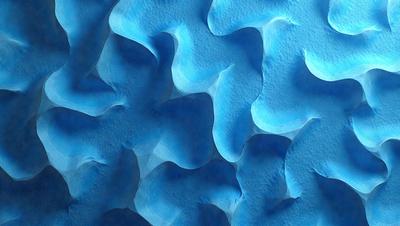 The primary subject of the image is a blue, textured surface with a pattern of white and blue shapes. The setting appears to be a blue background, and the visual style is a combination of photo and digital art. The dominant colors are blue and white, creating a calm and soothing atmosphere.