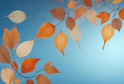 The primary subject of the image is a group of leaves, which are the main objects in the scene. The leaves are floating in the air, creating a sense of movement and freedom. The setting is a blue sky, which serves as the backdrop for the leaves. The visual style of the image is a combination of photo and digital art, as it captures the beauty of the leaves in a realistic yet artistic manner. The colors in the image are predominantly orange and yellow, which evoke a warm and inviting atmosphere.
