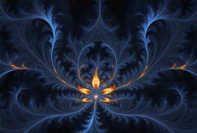 The primary subject of the image is a blue and yellow floral pattern, which appears to be a digital art or illustration. The setting is a dark background, which contrasts with the vibrant colors of the floral pattern. The visual style suggests that the image is a creative and artistic representation of a flower, possibly inspired by the natural world. The dominant colors are blue and yellow, which evoke a sense of warmth and energy. Overall, the image conveys a sense of beauty and artistic expression.