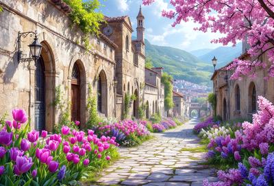 Primary subject: A beautifully illustrated street with a row of buildings, a mountain in the background, and a path lined with flowers.

Setting/background: The scene is set in a mountainous area, with a picturesque mountain range in the background.

Visual style: The image is a digital art illustration, featuring a detailed and vibrant depiction of the street and its surroundings.

Colors and mood: The colors in the image are predominantly pink and purple, creating a warm and inviting atmosphere. The flowers lining the path add a touch of natural beauty to the scene.