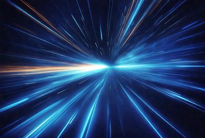 The primary subject of the image is a blue light streak, which appears to be a lightning bolt or a laser beam. The setting is a dark background, which contrasts with the bright blue light. The visual style is a digital art or illustration, as the light streak is depicted in a stylized manner. The colors and mood of the image are predominantly blue, creating a sense of speed, motion, and energy.
