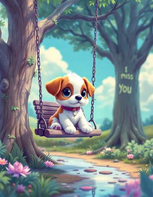 The primary subject of the image is a small dog sitting on a swing. The setting is a park with a tree nearby. The visual style is a digital art illustration, featuring a cute and colorful dog. The colors and mood are cheerful and playful, with the dog's presence adding a sense of warmth and joy to the scene.