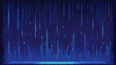 The primary subject of the image is a blue sky with rain falling. The setting is a nighttime scene with a blue background. The visual style is a digital art or illustration, creating a futuristic and atmospheric mood. The dominant colors are blue and green, with the blue sky and green rain, creating a serene and calming atmosphere.