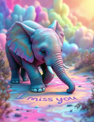 The primary subject of the image is a small, colorful elephant. The setting is a path with a colorful background, and the visual style is a digital art or illustration. The colors and mood of the image are vibrant and cheerful, with a sense of playfulness and creativity.