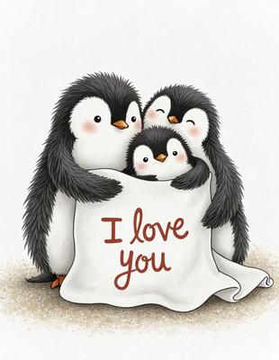 The image features a group of four penguins, each with a different size, standing close to each other. They are all huddled together, with one penguin holding a blanket that says "I love you." The penguins are positioned in various orientations, creating a sense of warmth and affection. The scene is set on a sandy surface, which adds to the overall charm of the image.