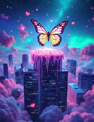 The primary subject of the image is a butterfly, which is flying above a cityscape. The setting is a city with tall buildings, and the visual style is digital art. The colors and mood of the image are predominantly pink, creating a warm and romantic atmosphere.