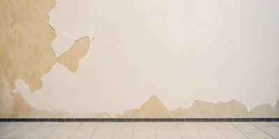 The primary subject of the image is a wall with peeling paint, giving it a worn and aged appearance. The setting is a room with a tiled floor, and the visual style is a photo. The colors and mood of the image are predominantly neutral, with the peeling paint adding a touch of rustic charm.