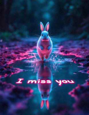 The primary subject of the image is a white rabbit walking through a pink, purple, and blue waterway. The setting is a forest, with the rabbit surrounded by trees. The visual style is a digital art, creating a surreal and whimsical atmosphere. The dominant colors are pink, purple, and blue, which contribute to the overall mood of the scene.