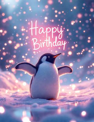The image features a cute penguin standing in the snow, surrounded by a beautiful snowy landscape. The penguin is the primary subject, and it appears to be posing for a picture. The setting is a wintery environment, with snow covering the ground and the sky filled with a pinkish glow. The visual style is a combination of photo and digital art, creating a unique and charming scene. The colors and mood of the image are predominantly pink and white, giving it a warm and cozy atmosphere.