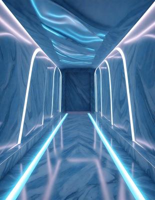 The primary subject of the image is a long, narrow hallway with a blue marble floor. The setting is a modern, futuristic environment, possibly a space station or a high-tech building. The visual style is a combination of photo and digital art, creating a unique and captivating atmosphere. The dominant colors are blue and white, giving the scene a sleek and sophisticated appearance.