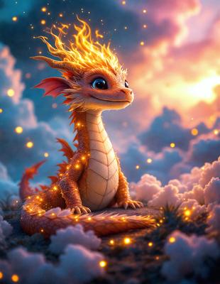 The primary subject of the image is a dragon, which is a digital art illustration. The dragon is sitting on a cloud, surrounded by a bright and colorful environment. The visual style of the image is digital art, and the colors and mood are vibrant and lively.