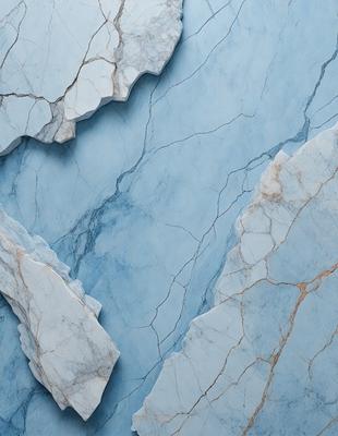 The primary subject of the image is a blue marble wall with a cracked and textured appearance. The setting is a blue-toned room, and the visual style is a close-up of the marble wall. The dominant colors are blue and white, creating a calm and serene atmosphere.