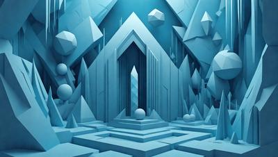 The primary subject of the image is a large, blue, three-dimensional structure with a doorway. The setting is a futuristic, blue-toned environment, possibly a space station or an underwater cave. The visual style is digital art, as the structure appears to be a computer-generated creation. The colors and mood of the image are predominantly blue, giving it a cool and futuristic atmosphere.