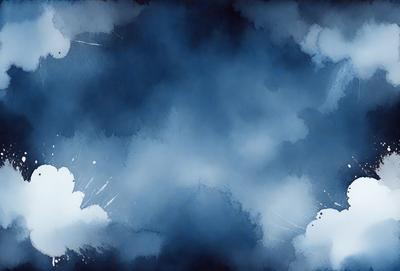 The primary subject of the image is a cloudy blue sky. The setting is a vast, open space with no visible landmarks or objects. The visual style is a watercolor painting, giving the scene a vibrant and artistic appearance. The dominant colors are blue and white, creating a serene and calming atmosphere.