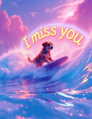 The image features a dog sitting on a surfboard in the ocean. The dog is wearing a collar and appears to be enjoying the ride. The scene is set against a backdrop of a pink sky, adding a vibrant and lively atmosphere to the image. The visual style is a combination of photo and digital art, creating a unique and eye-catching representation of the dog on the surfboard.