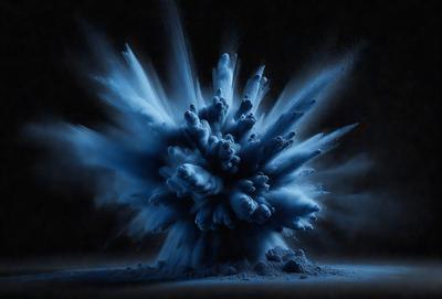 The primary subject of the image is a large, blue, smoke-like explosion with a cloudy, swirling appearance. The setting is a dark background, which contrasts with the bright blue color of the explosion. The visual style is a combination of a photo and digital art, creating a unique and captivating scene. The colors and mood of the image are predominantly dark and dramatic, with the blue explosion standing out as the focal point.
