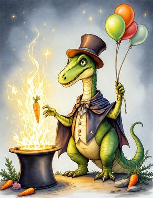 The primary subject of the image is a cartoon alligator wearing a top hat and holding balloons. The setting is a fireplace, with a carrot nearby. The visual style is a digital illustration, and the colors and mood are warm and inviting.