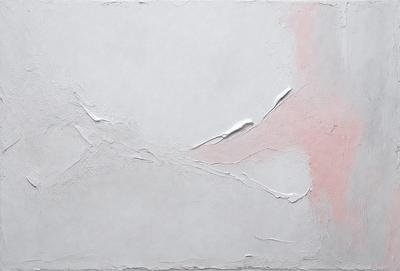 The primary subject of the image is a white wall with a pink stripe. The setting is a room with a white background. The visual style is a painting, and the colors and mood are predominantly white and pink.