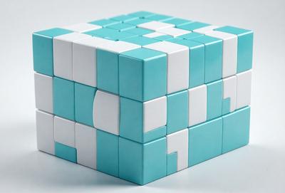 The primary subject of the image is a blue and white cube, which is a three-dimensional puzzle. The setting is a white surface, likely a table, where the cube is placed. The visual style of the image is a close-up of the cube, showcasing its intricate design and colors. The dominant colors in the image are blue and white, creating a sense of calm and focus.
