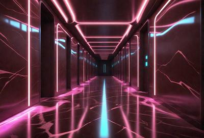 The primary subject of the image is a long hallway with a pink and purple lighting effect. The setting is a dark room with a row of doors, and the visual style appears to be a digital art or illustration. The colors and mood of the image are predominantly pink and purple, creating a unique and visually striking atmosphere.