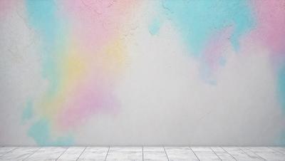 The primary subject of the image is a colorful wall with a mural of a rainbow. The setting is a room with a white floor, and the visual style is a combination of a photo and digital art. The dominant colors are the rainbow colors, creating a vibrant and lively atmosphere.
