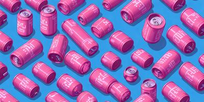 The primary subject of the image is a collection of pink cans, which are arranged in a visually appealing manner. The setting is a blue background, which provides a contrasting and vibrant backdrop for the pink cans. The visual style of the image is a digital art or illustration, as it is a colorful and well-designed composition. The dominant colors in the image are pink and blue, creating a cheerful and lively atmosphere.