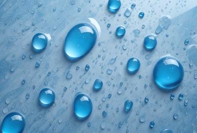 The primary subject of the image is a close-up of a blue, rainy sky filled with water droplets. The setting is a cloudy day, and the visual style is a photo. The dominant colors are blue and white, creating a calm and serene atmosphere.