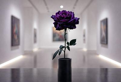 The primary subject of the image is a single purple rose in a silver vase. The setting is a white room with a few pictures on the walls. The visual style is a realistic photograph of the rose and vase. The dominant colors are white and purple, creating a calm and serene atmosphere.