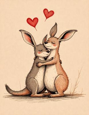 The image features two cute, anthropomorphic kangaroos hugging each other. They are the primary subjects of the scene, which takes place in a field. The visual style of the image is a combination of digital art and illustration, giving it a unique and charming appearance. The colors and mood of the image are warm and inviting, with the kangaroos' brown and white fur creating a sense of comfort and companionship.