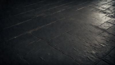 The primary subject of the image is a wooden floor. The setting is a dark room, and the visual style is a black and white photo. The colors and mood of the image are dark and moody, creating a sense of mystery and depth.