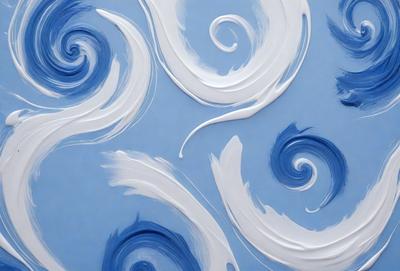 The primary subject of the image is a painting of a blue and white swirl pattern. The setting is a blue background, and the visual style appears to be a digital art or illustration. The dominant colors in the painting are blue and white, creating a calming and soothing atmosphere.