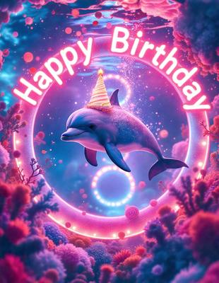 The primary subject of the image is a dolphin, which is the main focus of the scene. The dolphin is wearing a birthday hat and is surrounded by a pink and blue background. The visual style of the image is digital art, as it appears to be a computer-generated or digitally created illustration. The colors and mood of the image are vibrant and cheerful, with the pink and blue hues creating a celebratory atmosphere.
