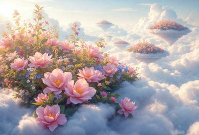 The primary subject of the image is a beautiful flower arrangement, featuring a variety of pink and purple flowers. The flowers are arranged in a cloud-like formation, giving the scene a whimsical and dreamy appearance. The setting is a cloudy sky, which serves as a stunning backdrop for the flower arrangement. The visual style of the image is a combination of digital art and illustration, creating a vibrant and captivating scene. The dominant colors in the image are pink and purple, which evoke a sense of warmth and tranquility.